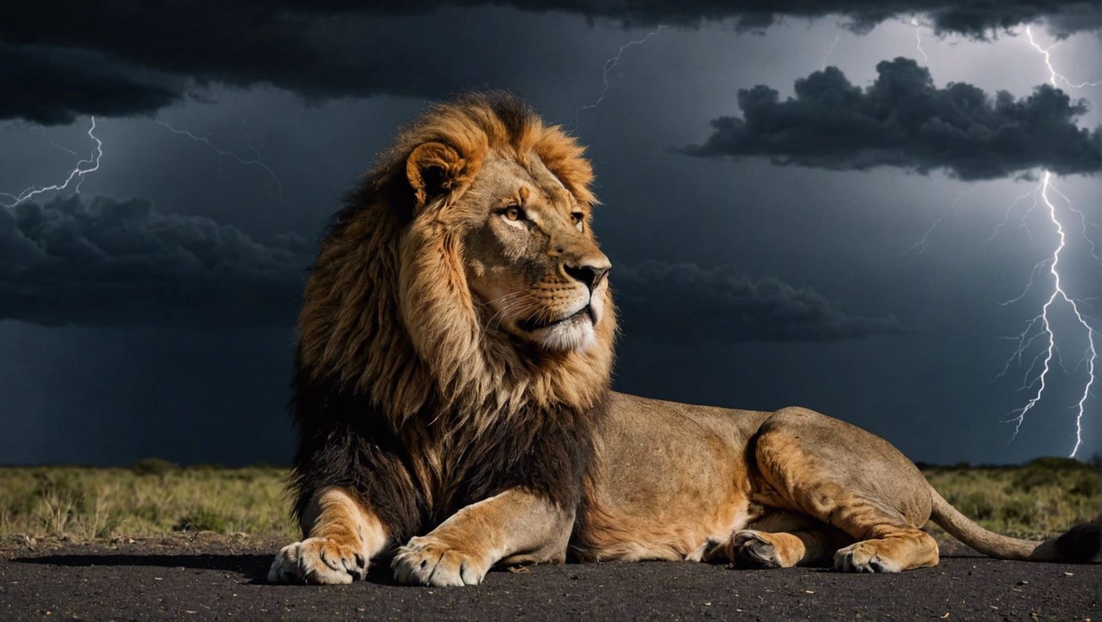 A calm male lion, black backround, dark clouds and lightning