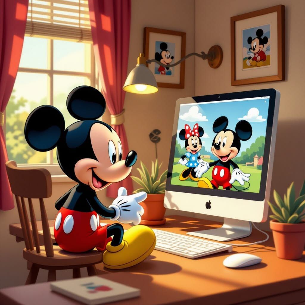 Mickey Mouse at Computer Viewing Photos in Classic Disney St...