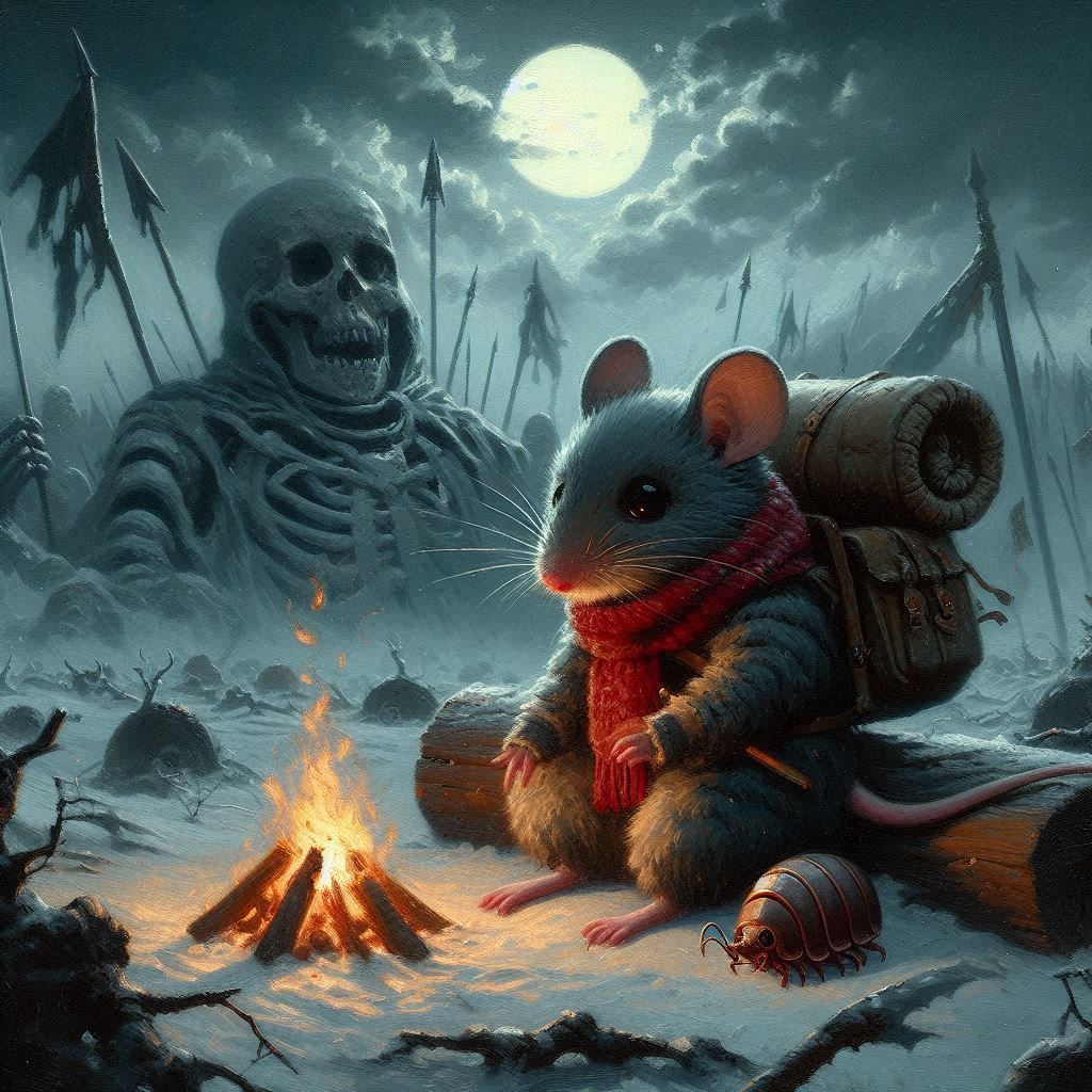 The Heroic Mouse Knight walking through an ancient battlefie...