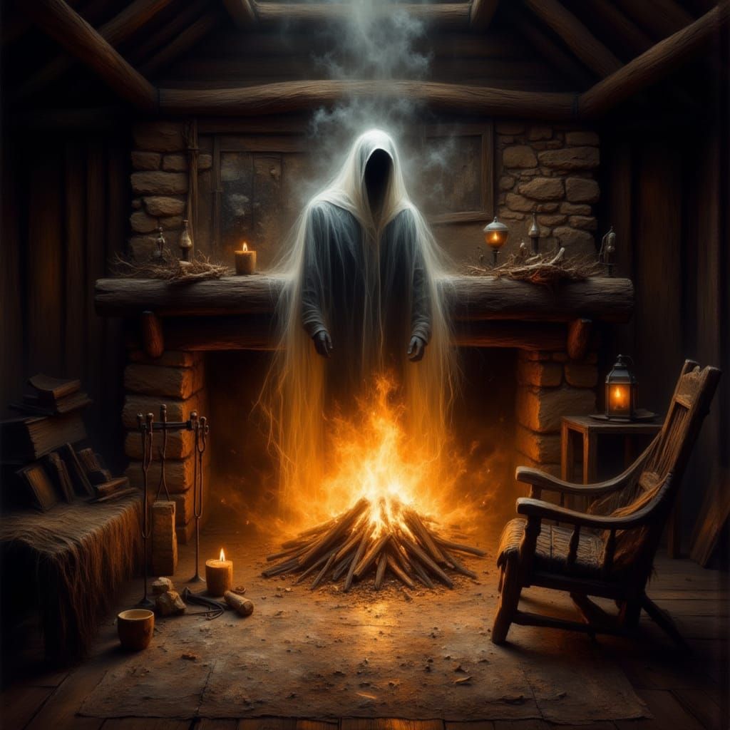 Spectral Man Emerges From Fireplace in Gothic Cabin