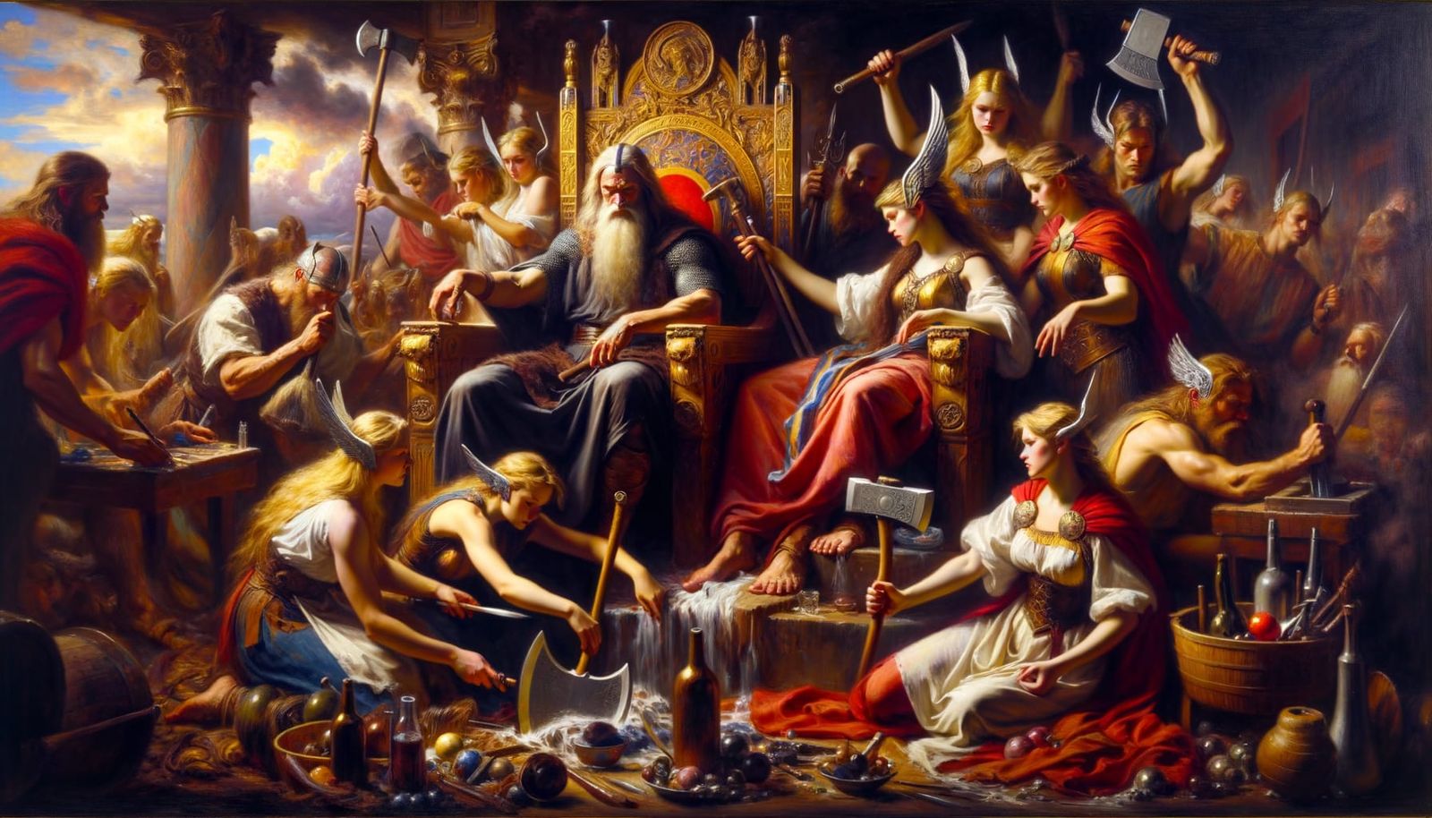 Odin sits on his throne, his Valkyries surrounding him as th...