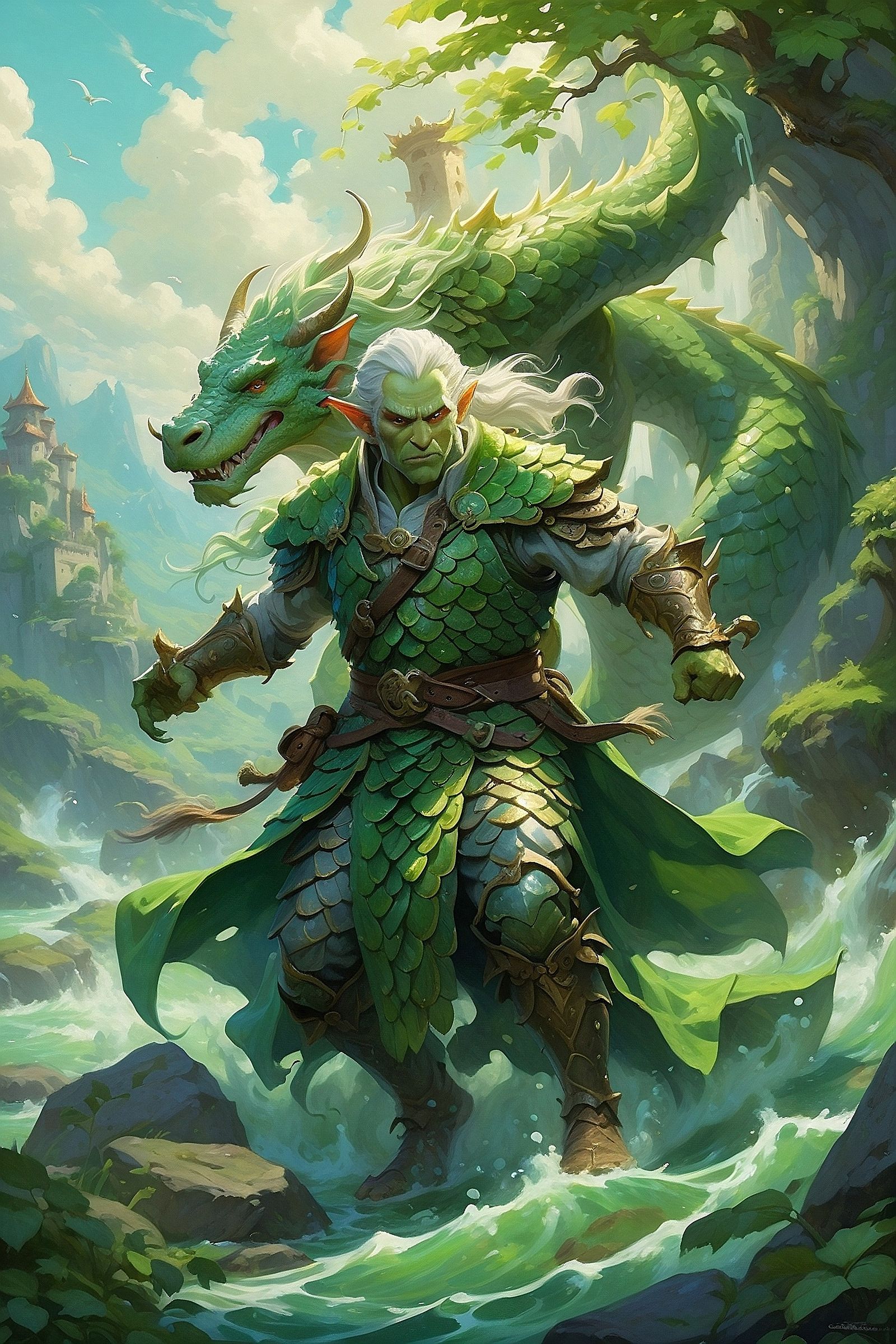 A Pet Green Dragon with Her Owner Warrior