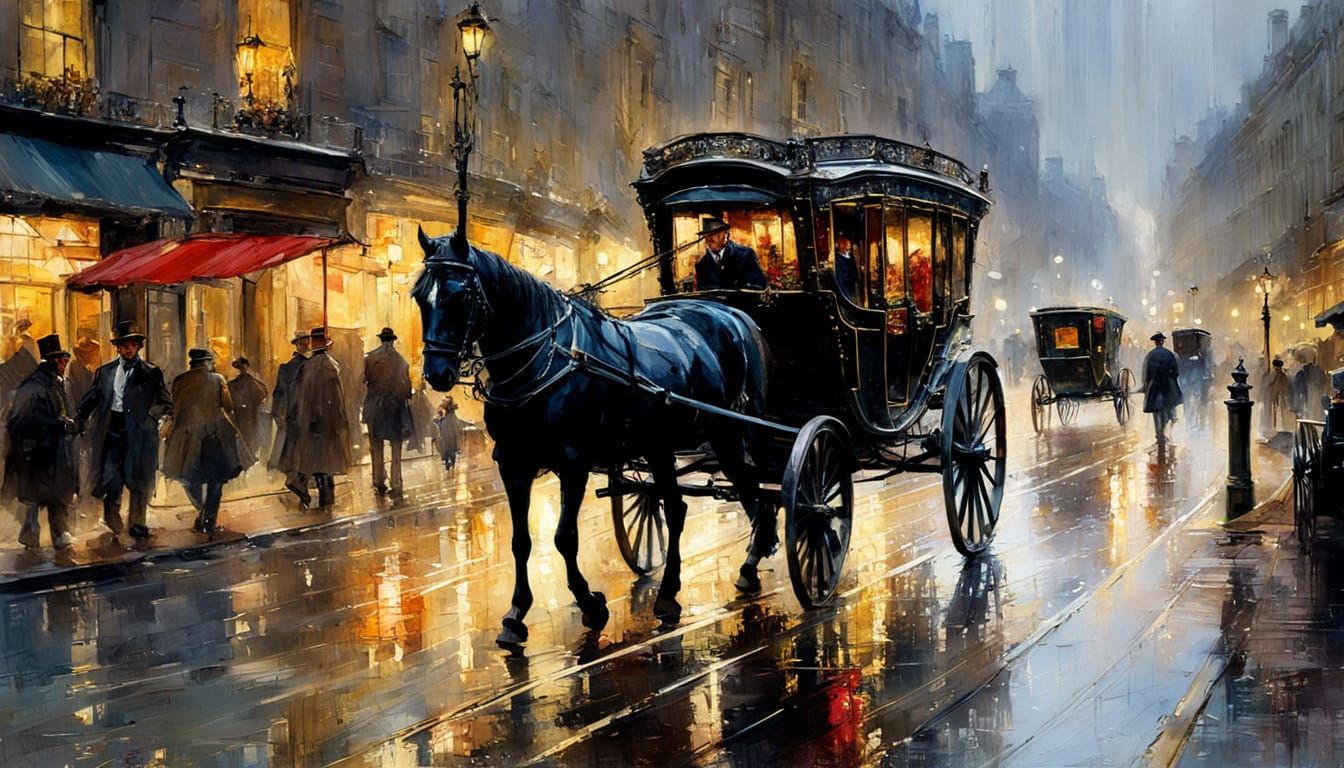 An hyperdetailed victorian horse-drawn carriage, in a victorian London street. Rainy dawn light. insanely ...  by @Dark Magoo