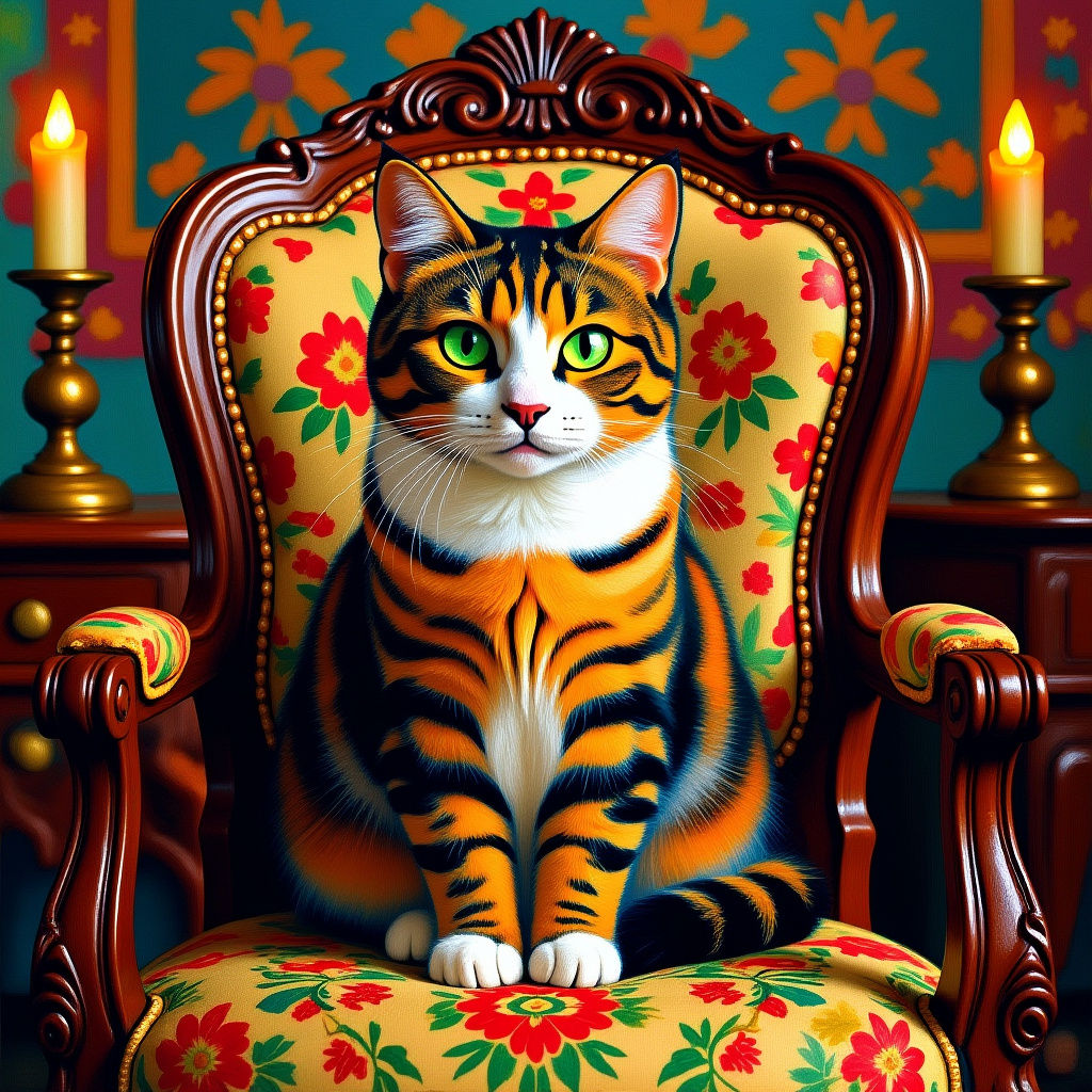 A close-up of a calico tabby cat perched on the backrest of an ornate wooden chair, staring directly at the viewer with an intense, almost j...