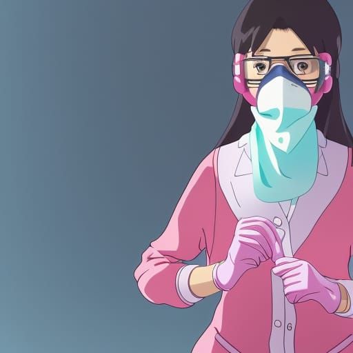 Illustration of a cute female dentist wearing pink gloves in...