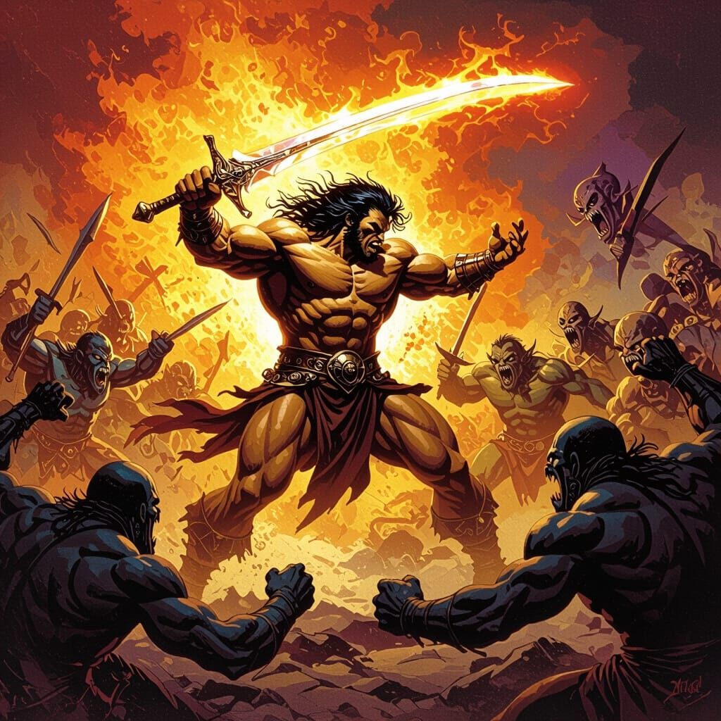  superhero action scene, in the style of Frank Frazetta’s paintings, with a fierce, muscular hero battling a horde of monsters and demons, w...