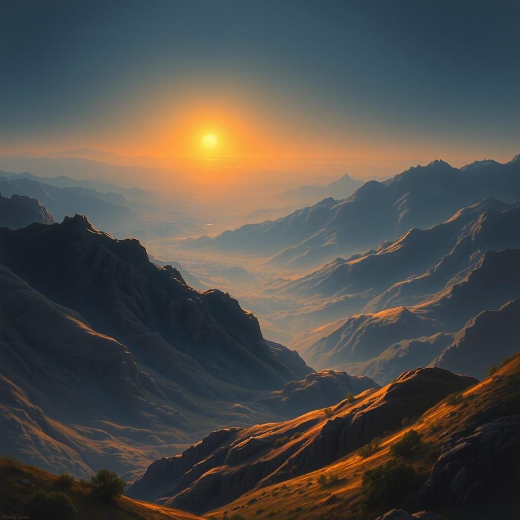 Dawn Valley Bathed in Golden Light with Majestic Mountains