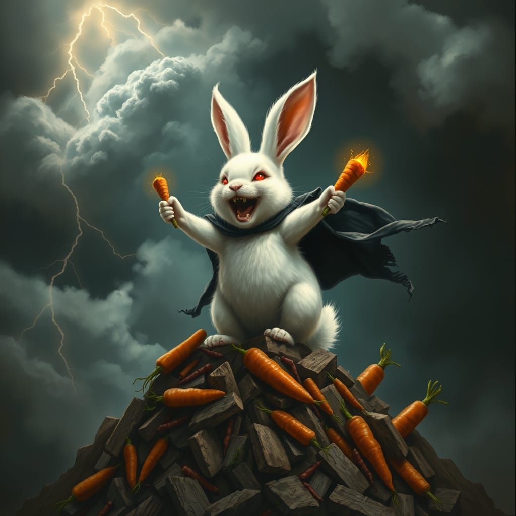 Low-angle view of a small, white bunny with soft fur, standing triumphantly on a jagged mountain of broken, ...  by @undefined