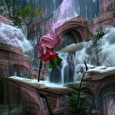 A rose wilting in front of a waterfall