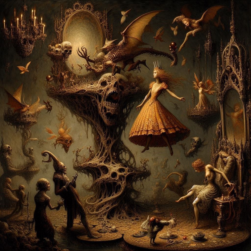 n Alice's looking-glass space, words and effects are stood o...