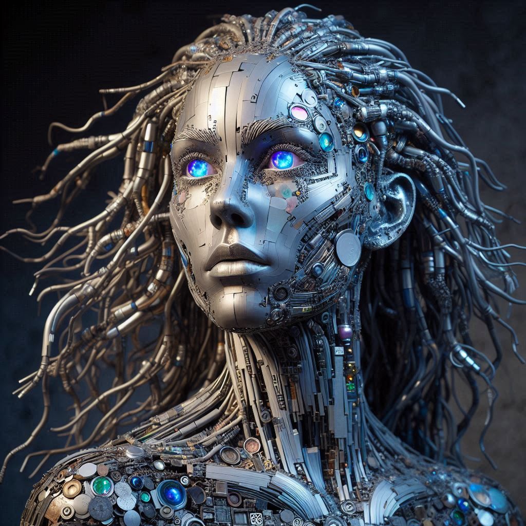 woman sculpture, made from salvaged computer parts, liquid opal eyes, realistic, high detailed, VERY-EXTREMELY-ULTRA-HYP...