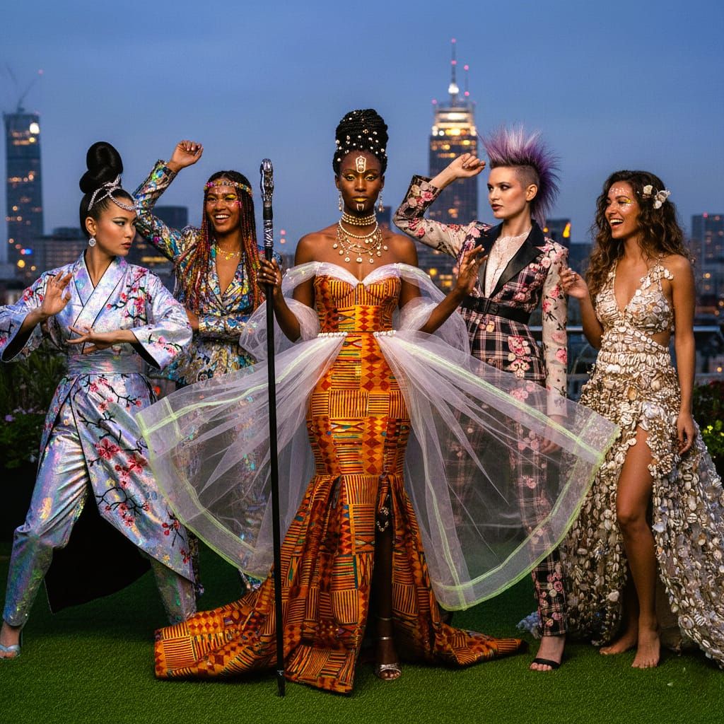 A high-fashion editorial group portrait