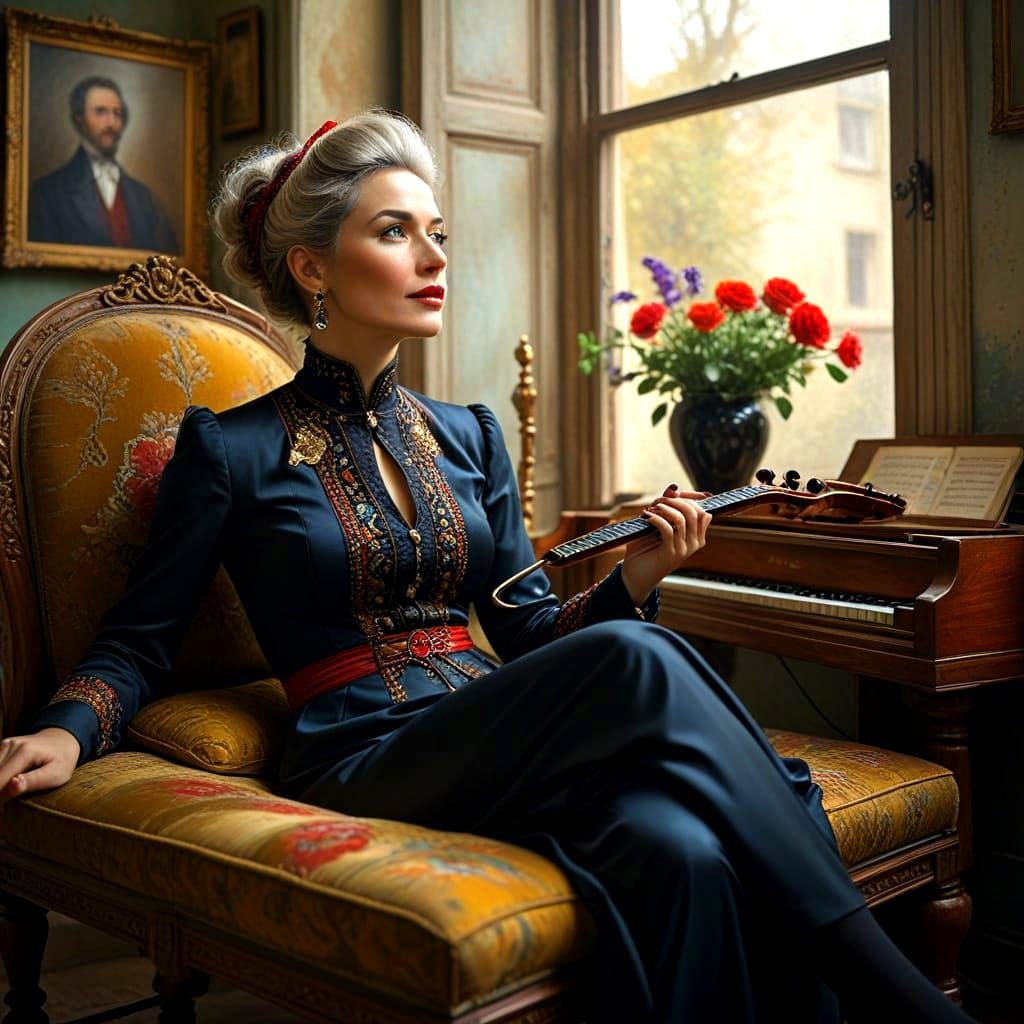 Surrealistic Portrait of a Happy Lady with Musical Instrumen...