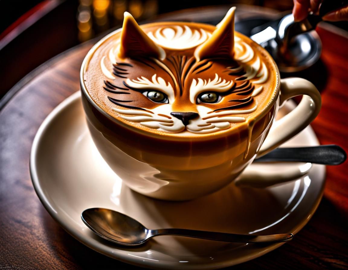 latte in shape of mainecoon cat