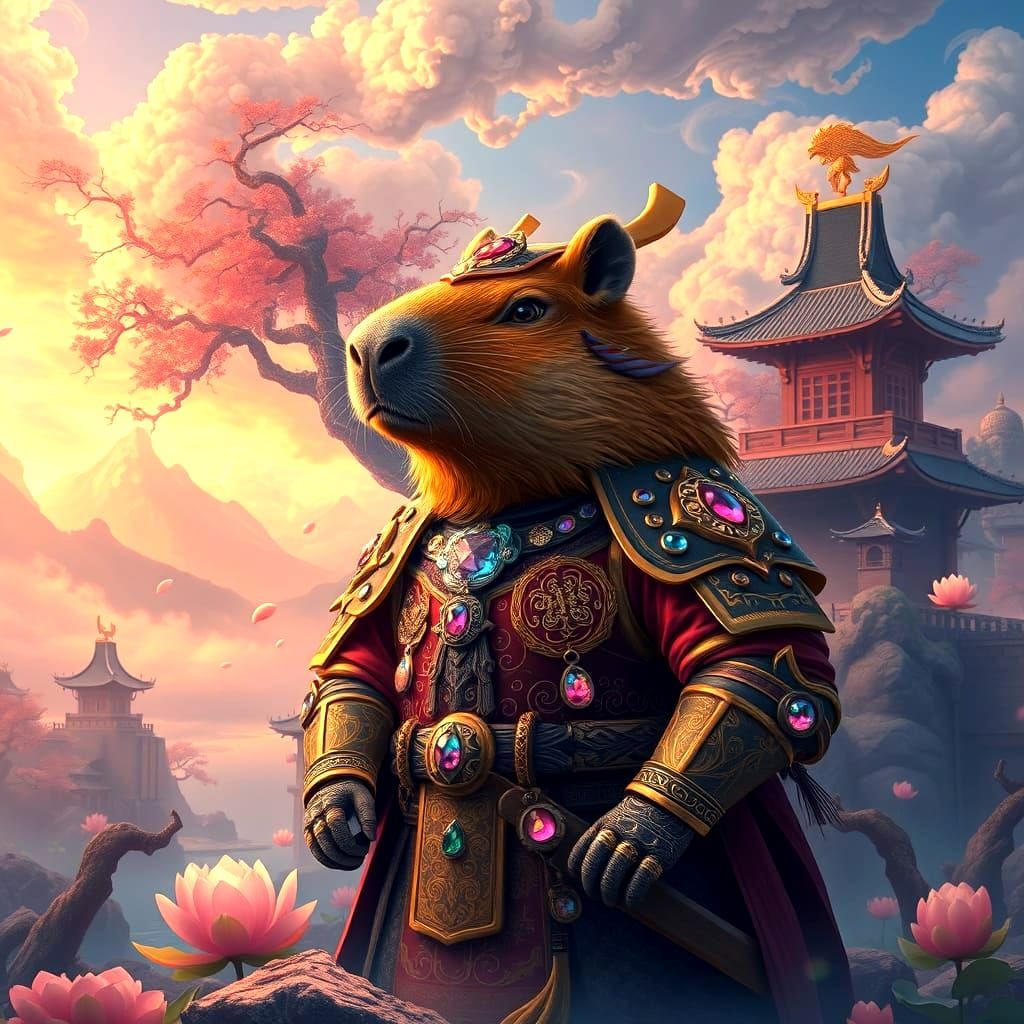 Fantasy capybara-samurai in lowbrow fantasy magic oriental landscape ,castle; lowbrow, magic,colourful, ...  by @Muse