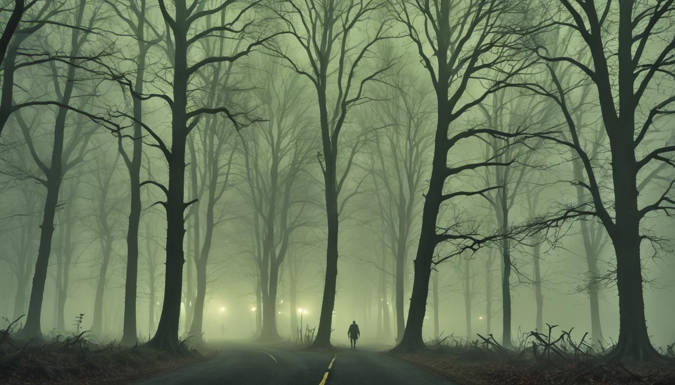 fog, trees and creatures, green light