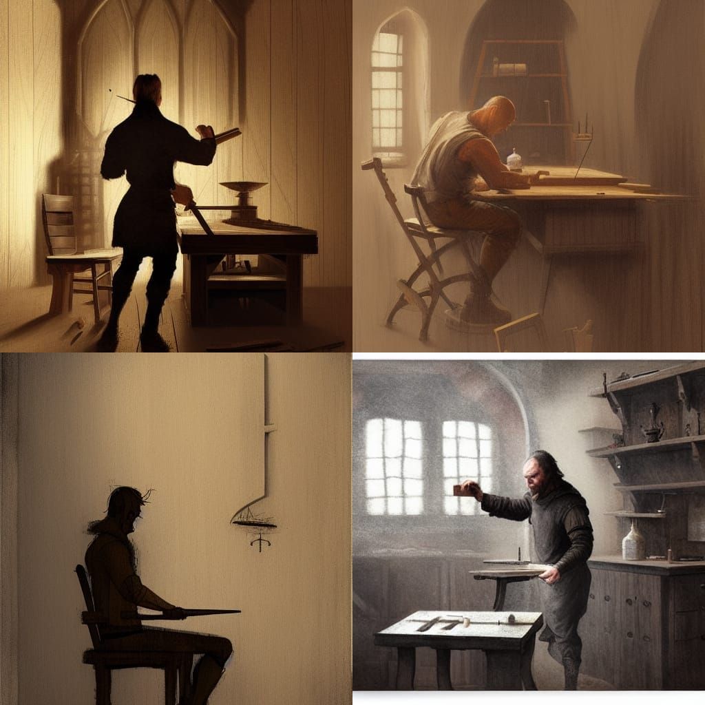 medieval cabinetmaker with a wooden chair that he is working...