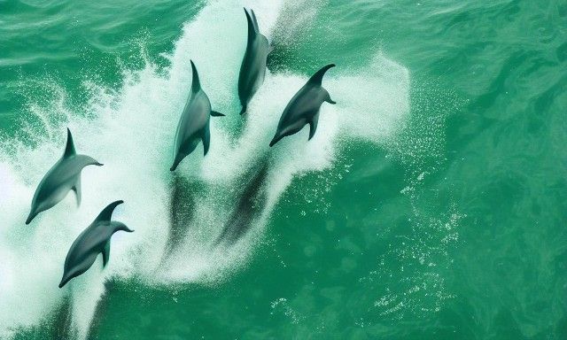 pod of dolphins in a single whitecap seafoam green wave Epic...