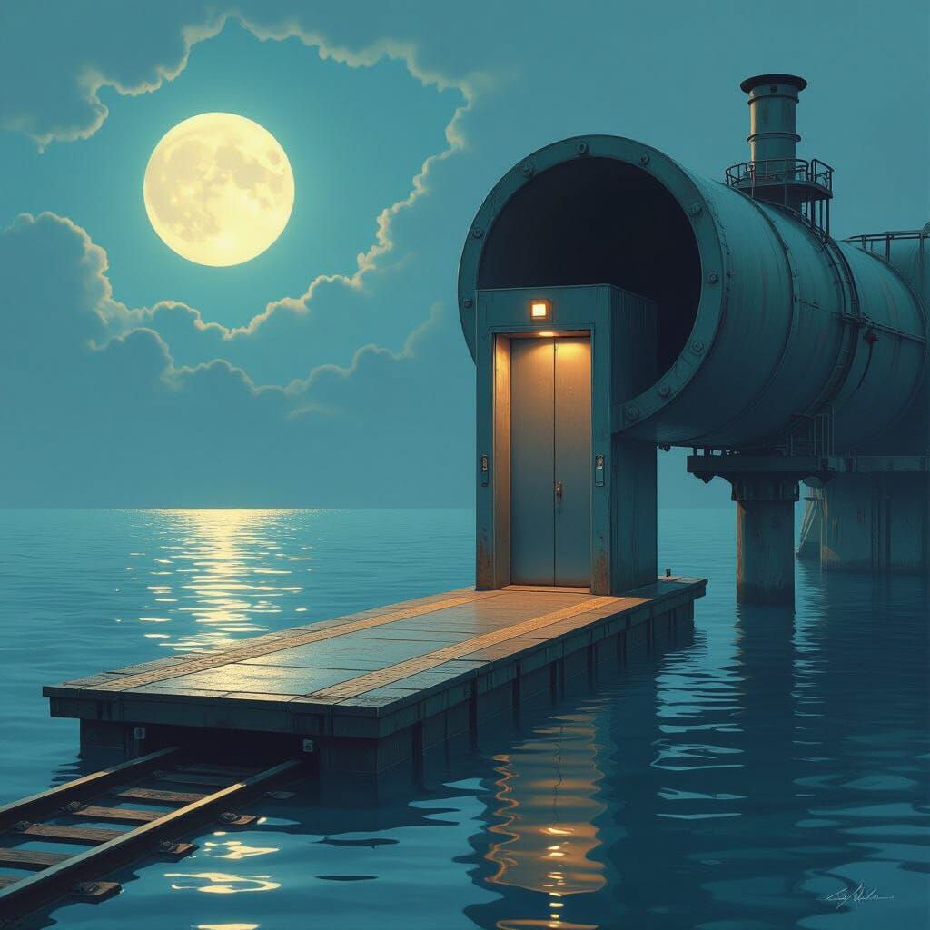 Surreal Train Platform Floating on Water Under Moonlight