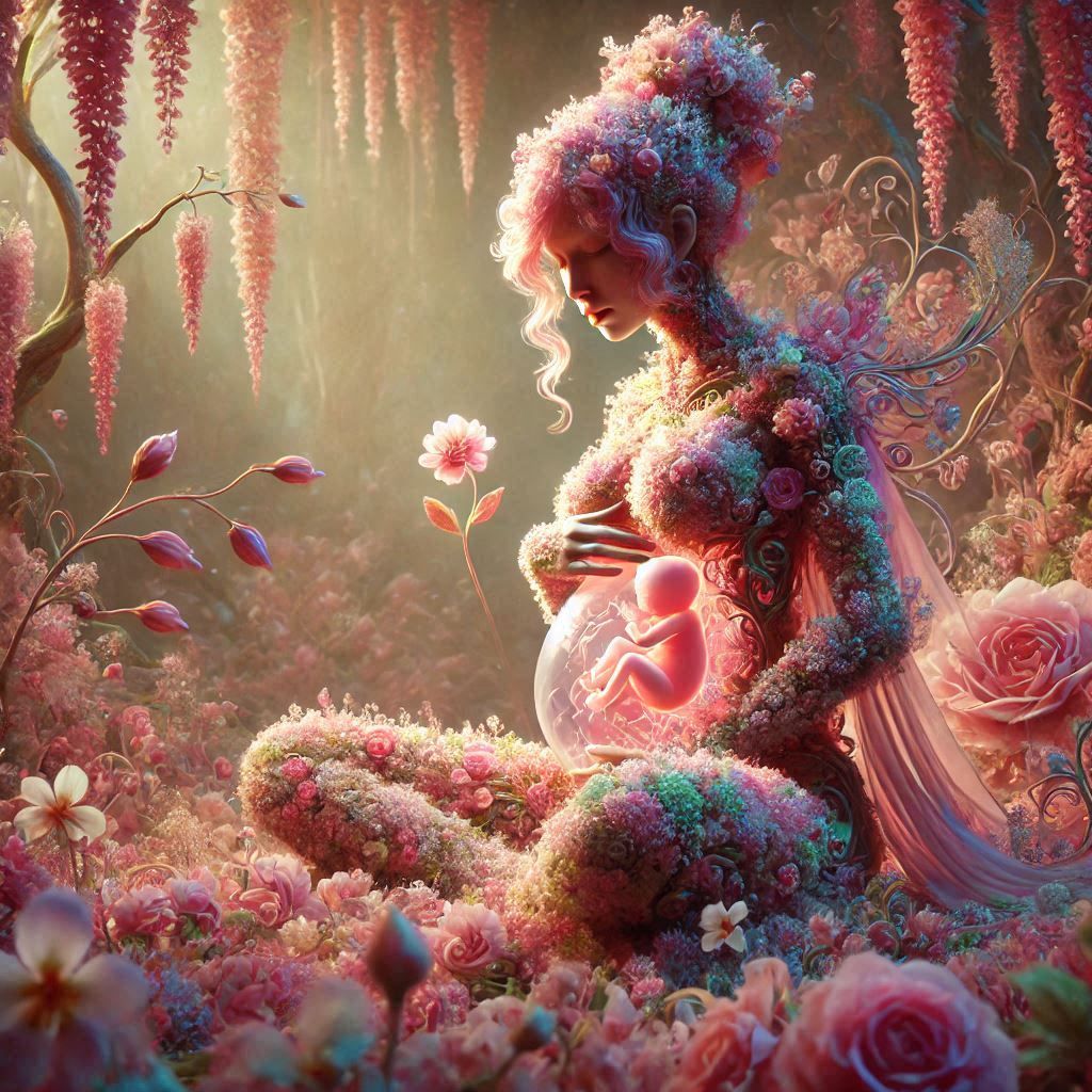 Whimsical fantasy pregnant fairy of flowers