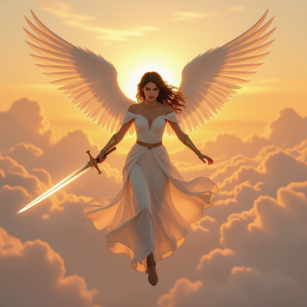 a young angel like women how is in a flying pose in the air holding a sword as she is in the air . in the background the sunn is setting . 