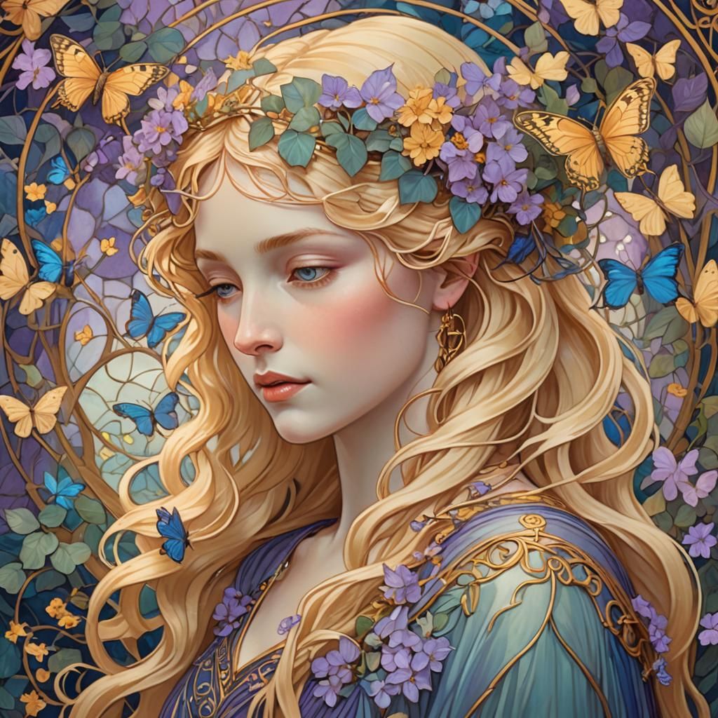 A serene Art Nouveau-style Freyja symbolizing self-love and transformation