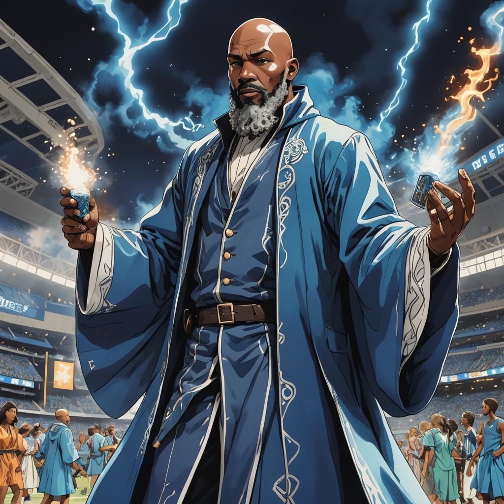 Tall bald black man with a salt and pepper beard trimmed sho...