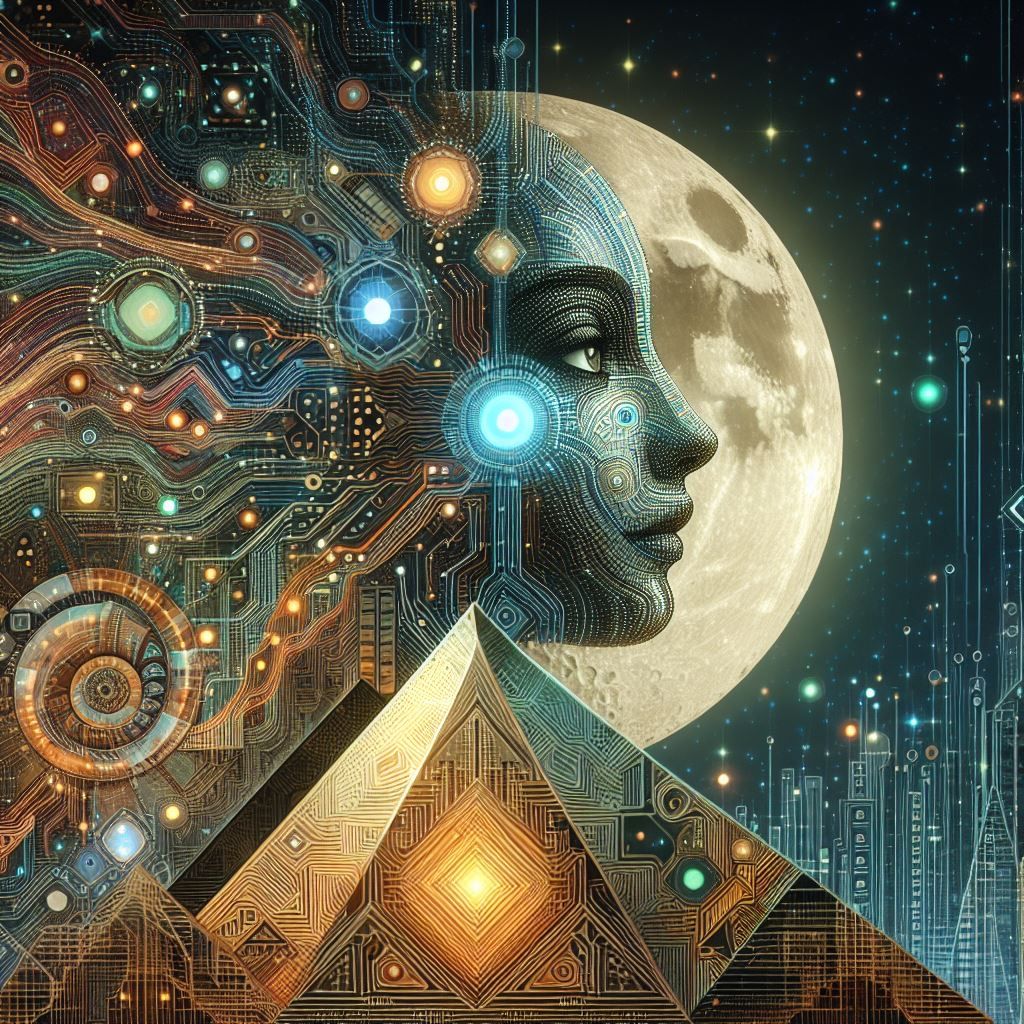 Double exposure mosaic moon pyramid circuitry