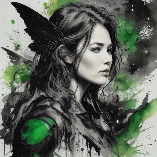 1girl, solo, long_hair,looking_at_viewer, jewelry, green_eyes, green_hair, wings, necklace, feathered_wings, black_wings,
<lora:angelorfairy...