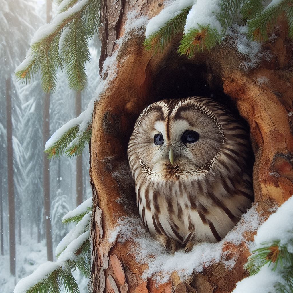 Ural owl peeking out of a coniferous tree hollow in a snowy forest