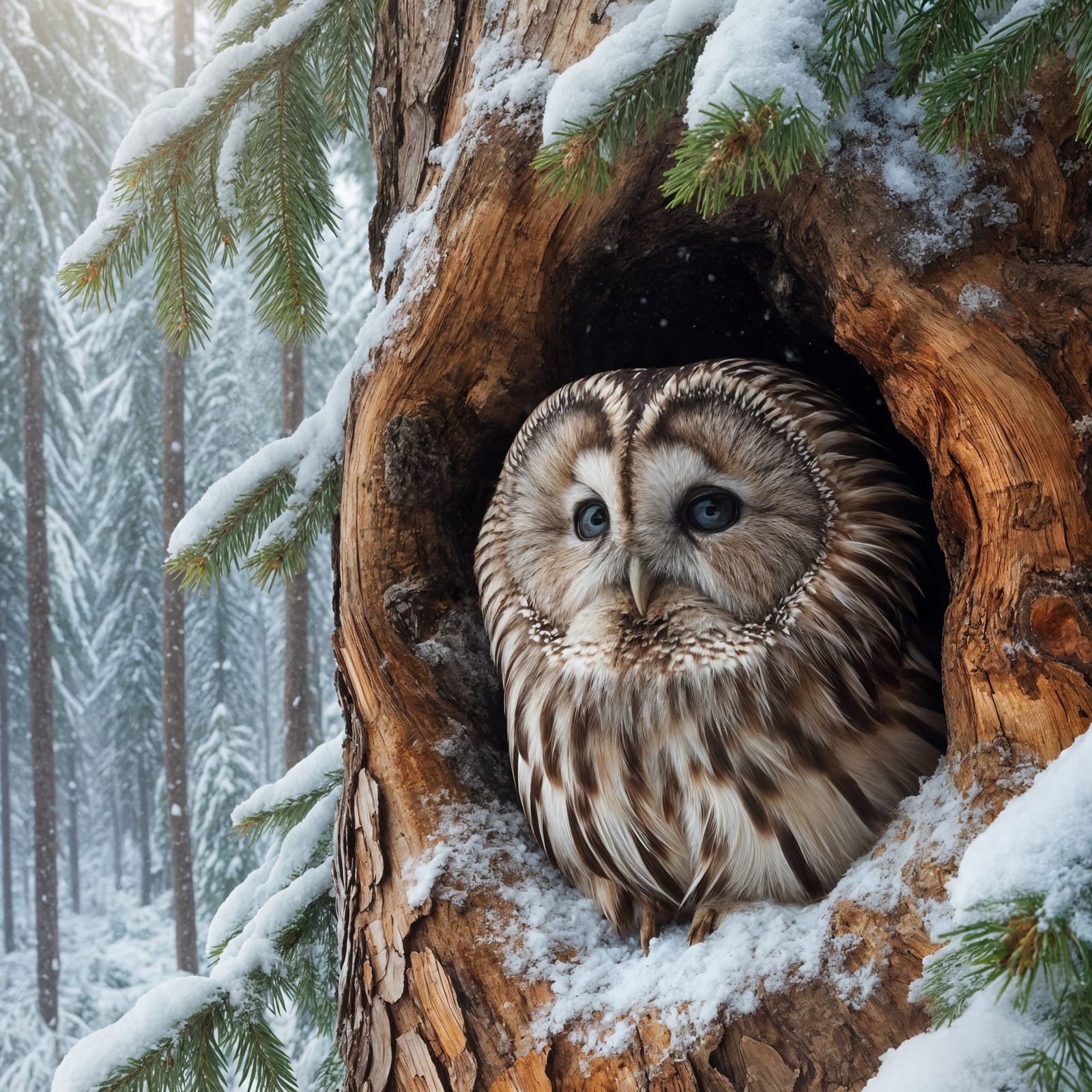 Ural owl peeking out of a coniferous tree hollow in a snowy ...