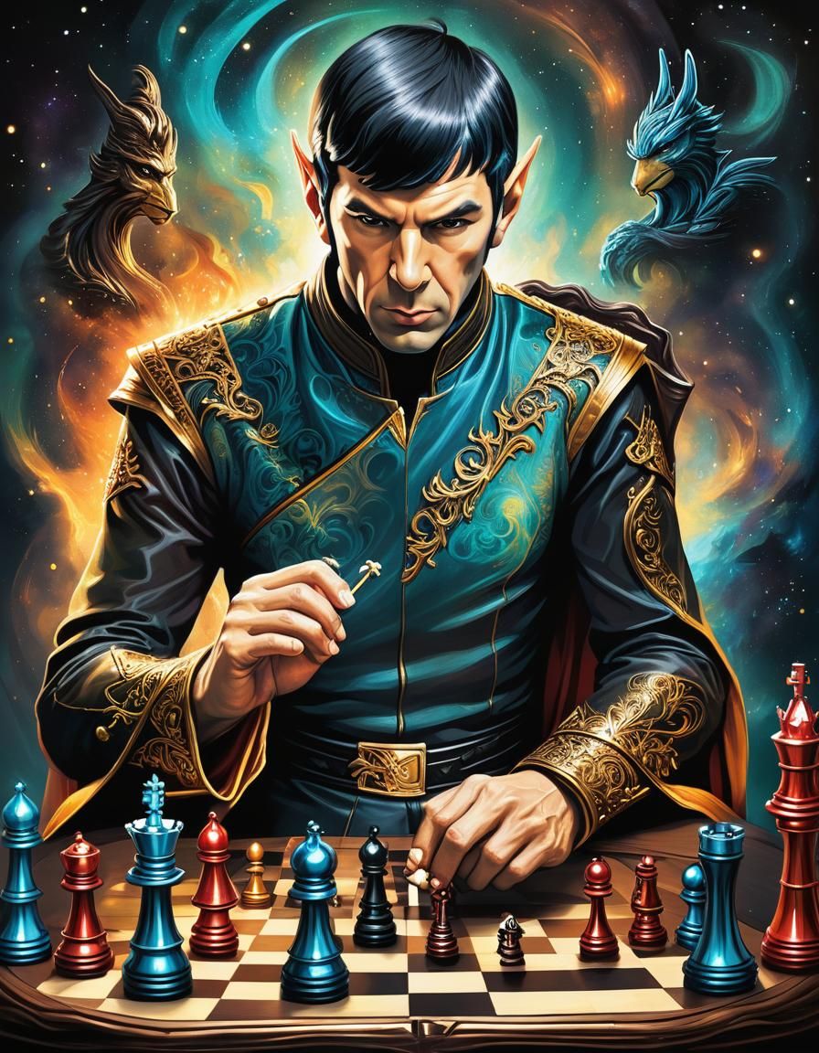 🖖 🤔 Filigree Spock playing chess, alcohol ink, sharp focus, Dan Mumford ...