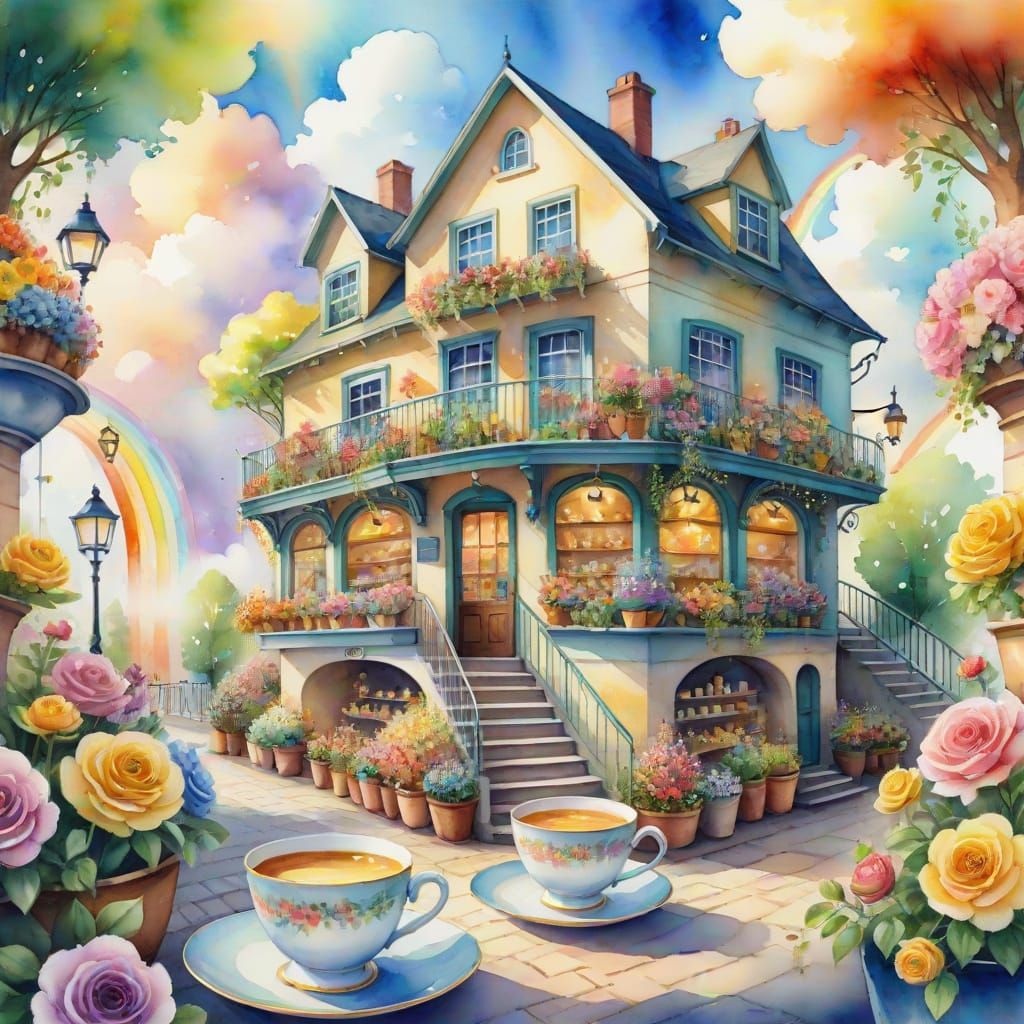 ^^Whimsical Watercolor Fantasy Cafe Amidst a Double Rainbow