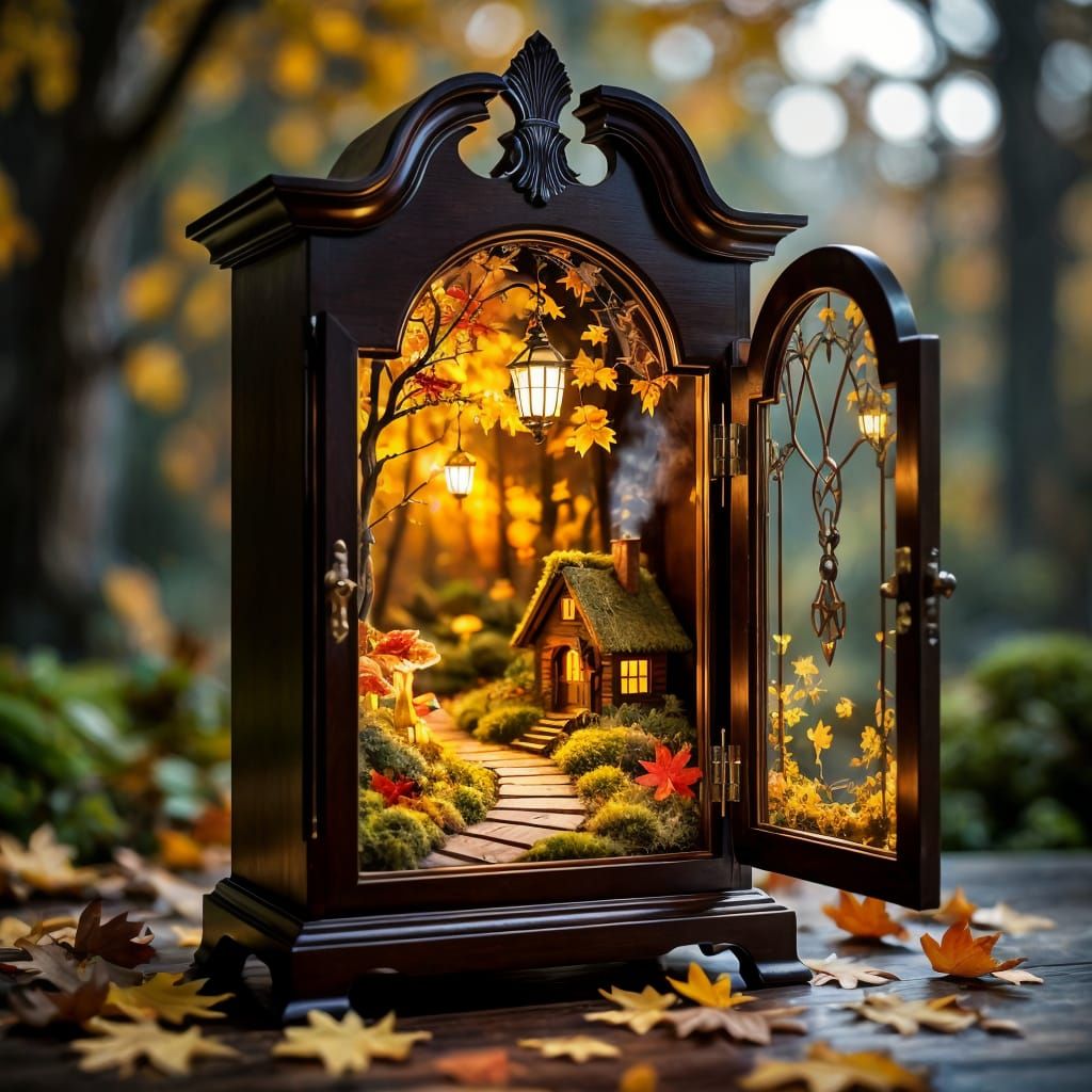 A hyper-detailed macro photograph of an antique, dark walnut grandfather clock with its glass door open. ...  by @dave-be