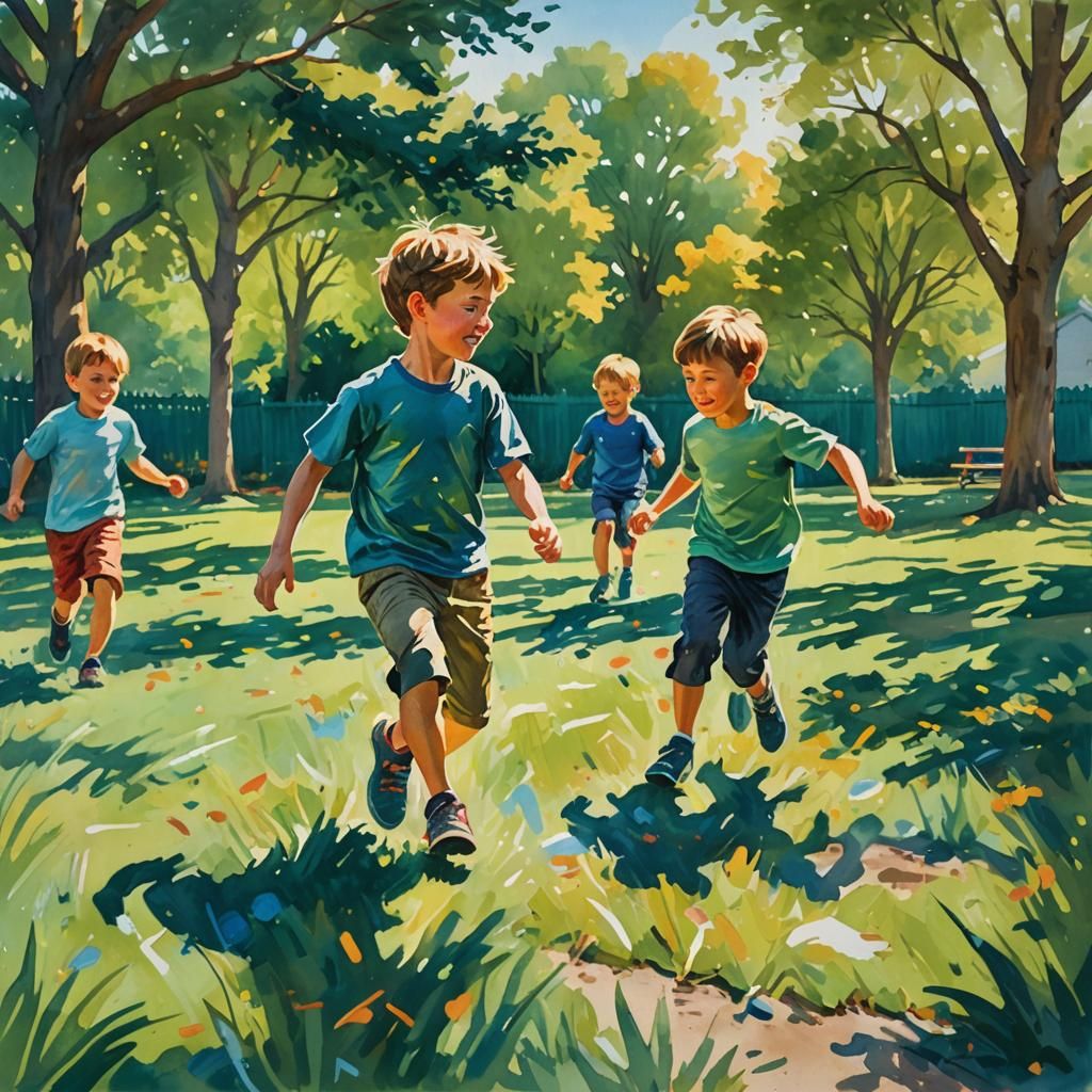 Boys Playing Tag: Impressionist Gouache Painting
