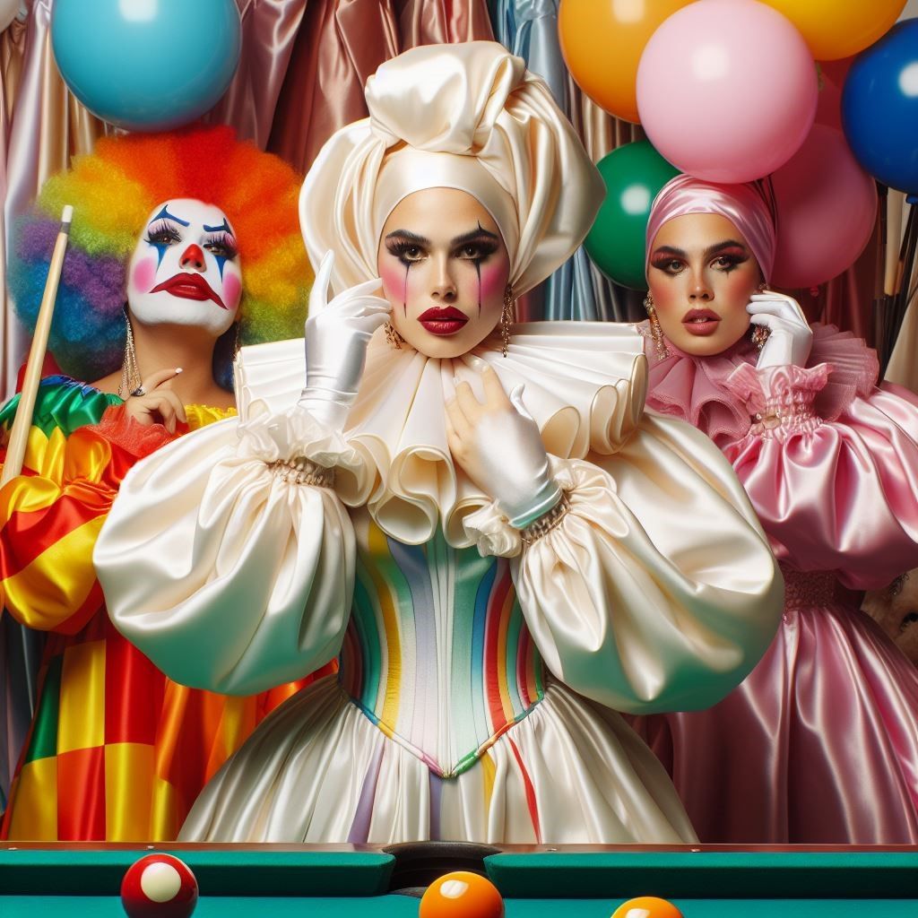 Satin Wonderland of Sissy Dresses and Wigs and Gloves. Poofy Extravagant Ultra Femme Drag Queens playing Snooker and Poo...
