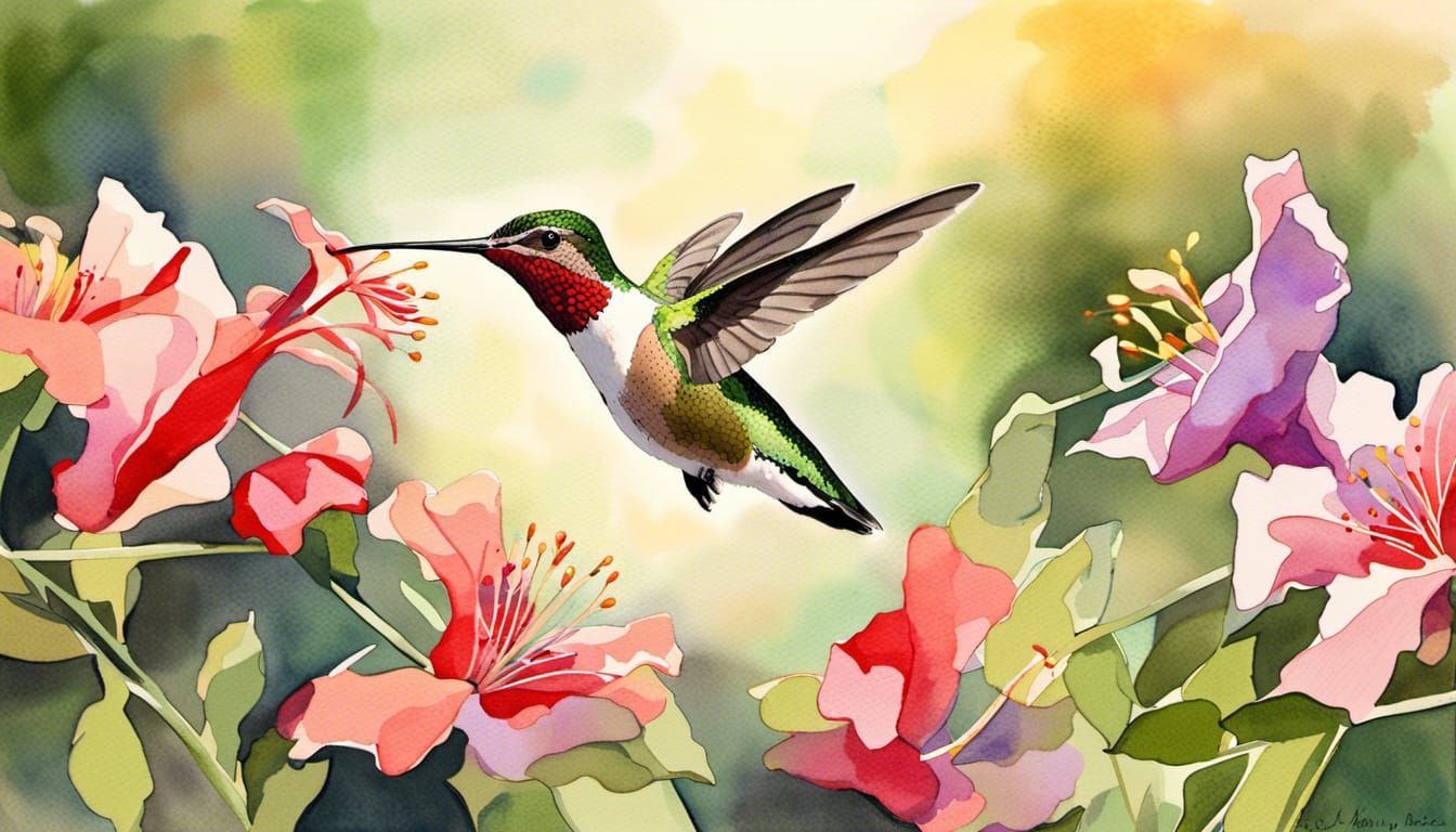 Watercolor painting Ruby throated hummingbird sipping nectar...