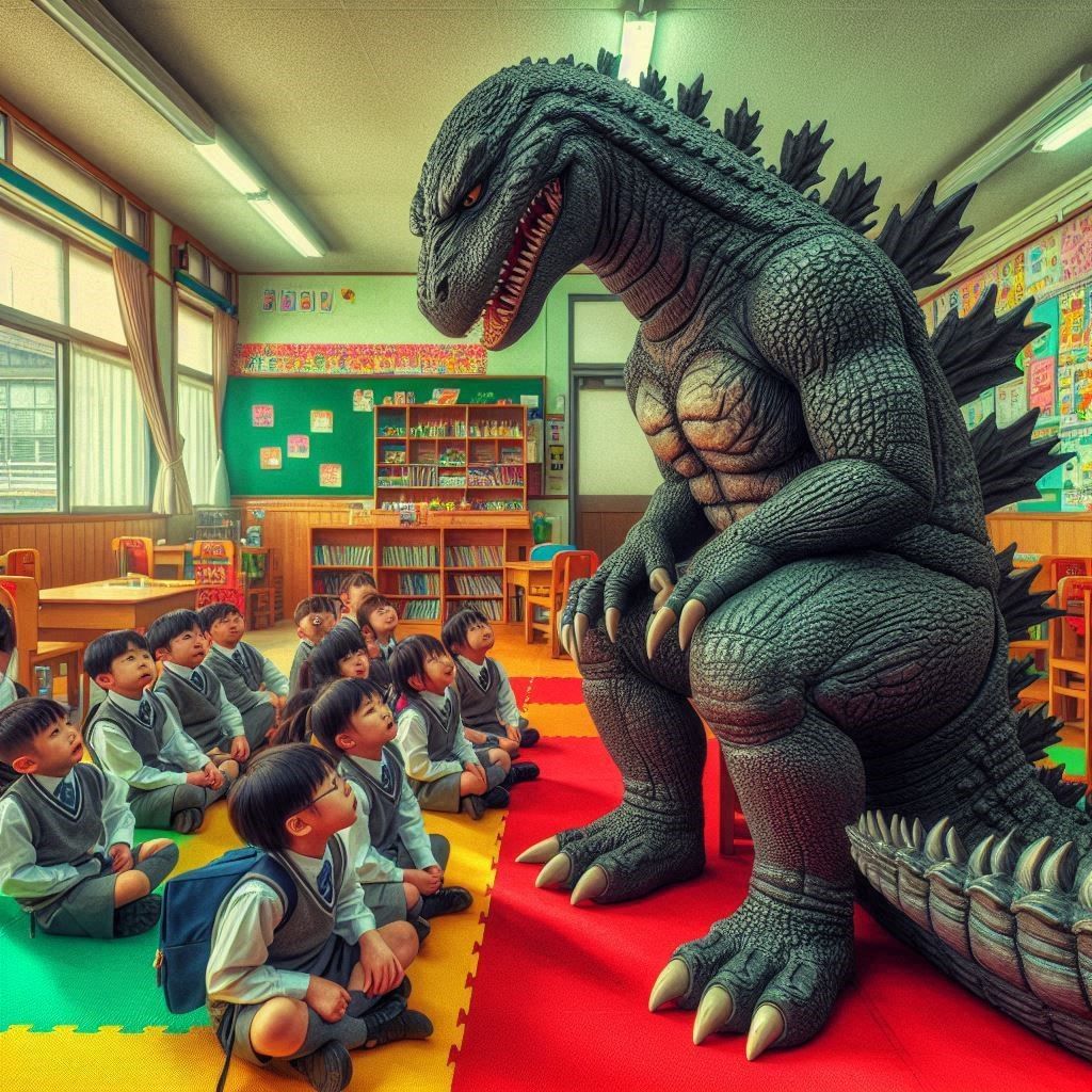 Godzilla works as a babysitter at a nursery school