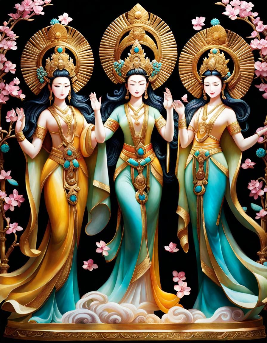 (Asian Style Panel Depicting Goddesses High-Fiving created o...