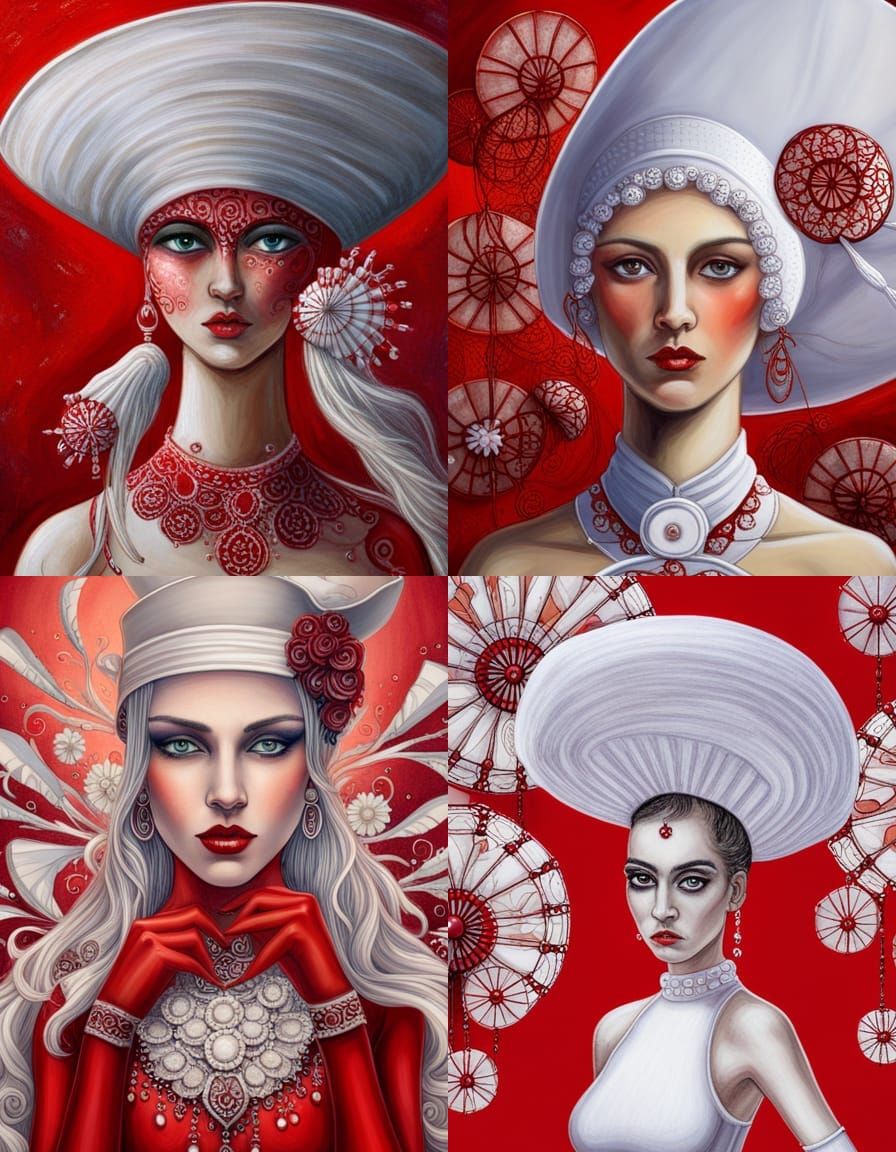 fantasy girl, red and white painted face, big white hat with...