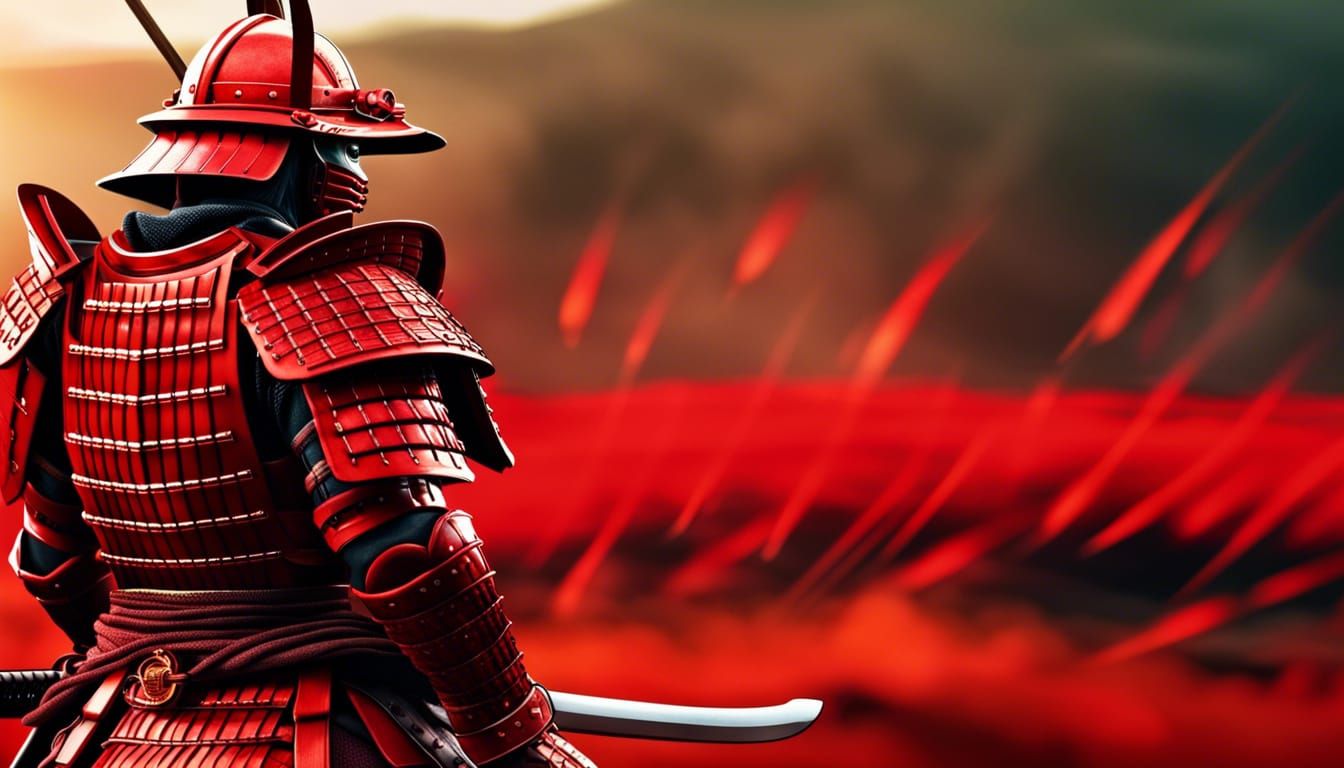 red armored samurai looking over the battle field,  Hyperrea...