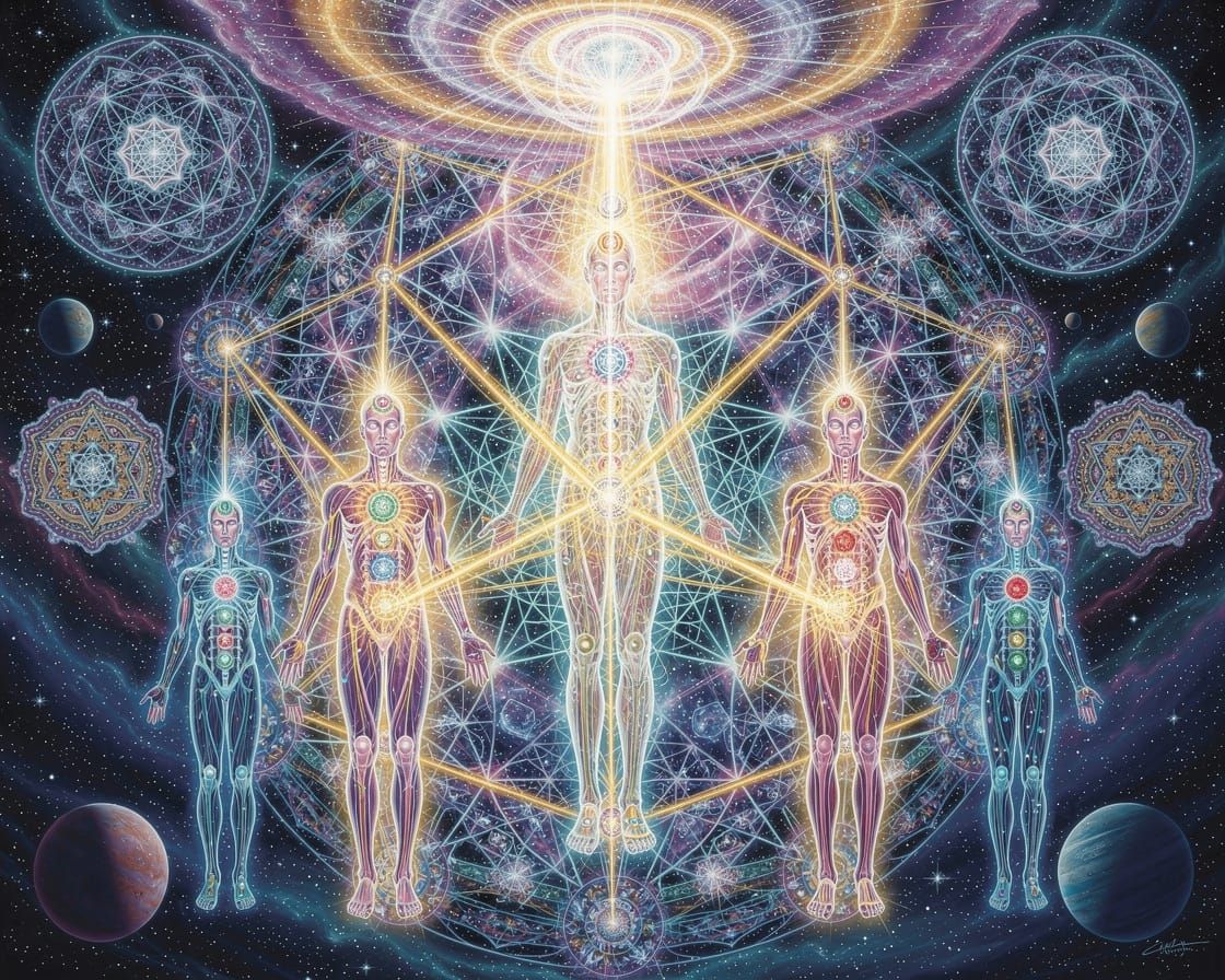 A vast cosmic scene representing the awakening of consciousness — ethereal beings connecting to the universal source through luminous sacred...