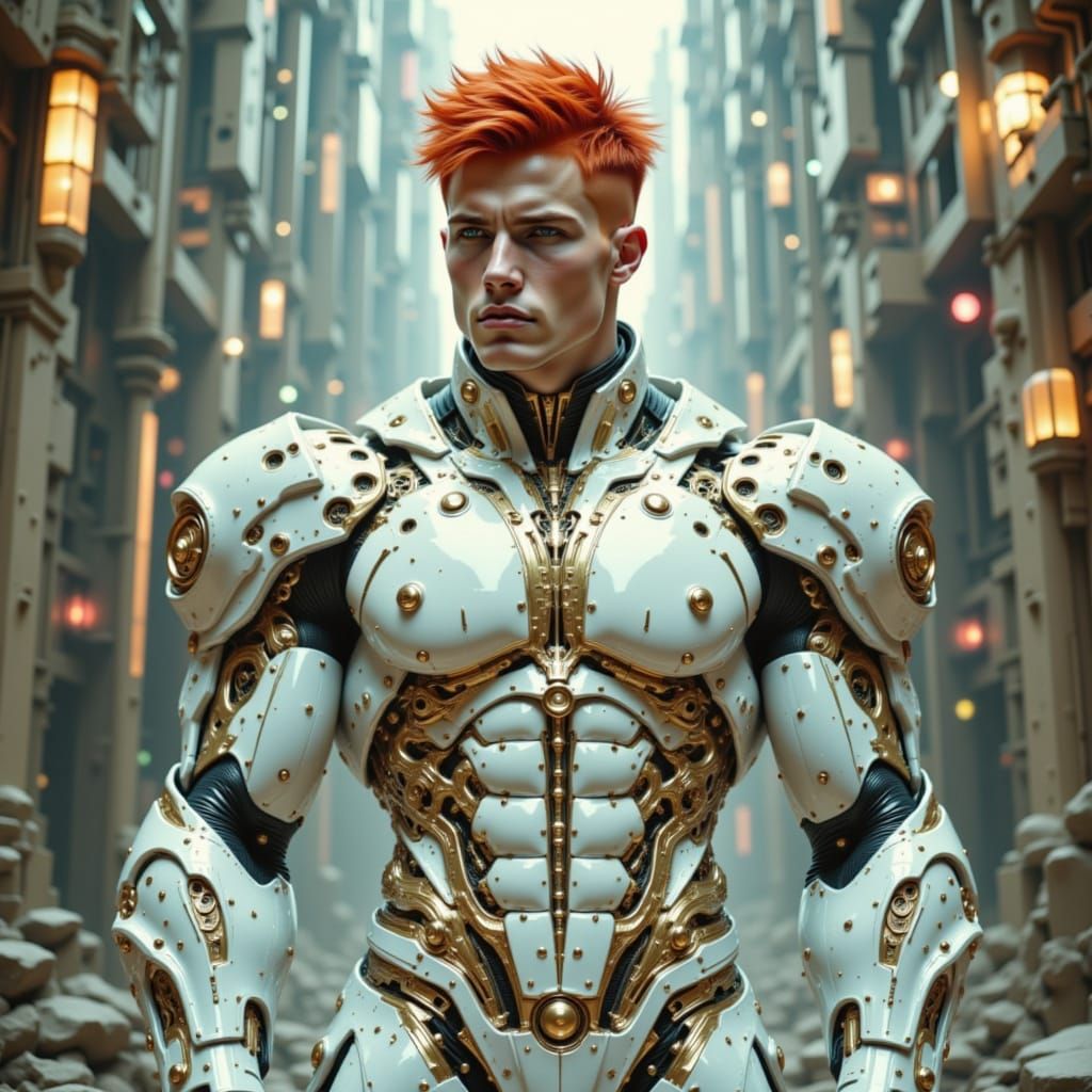 Handsome beautiful male red hair bodybuilder , muscle fractals helix intricate celestial design white gold armor mecha arms futuristic ether...