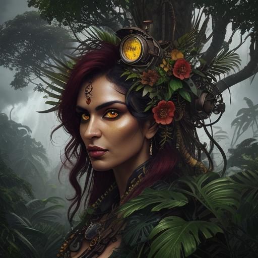 jungle, gigantic trees with giant flowers and close   portra...