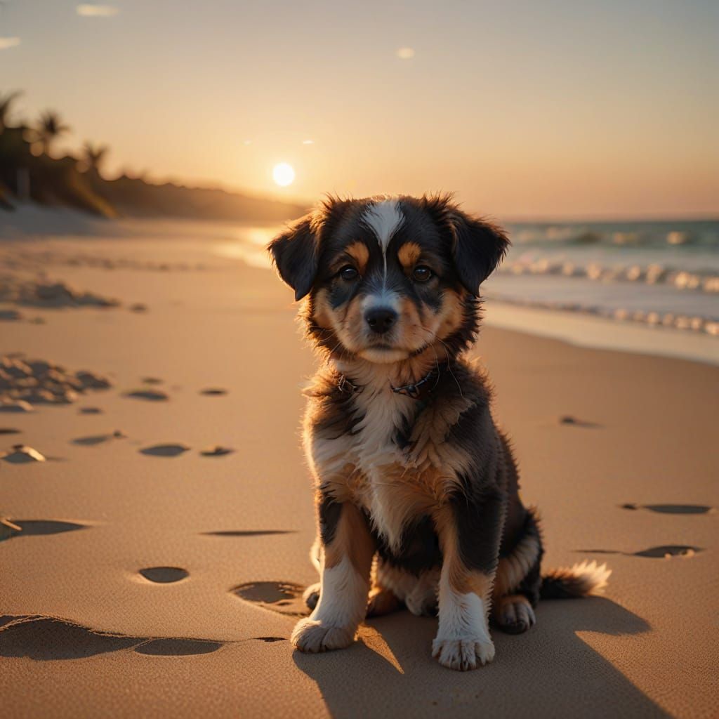 Photorealistic rendering. A small, fluffy puppy sitting alone on a vast, empty beach at sunset, looking towards the horizon. Dramatic lighti...