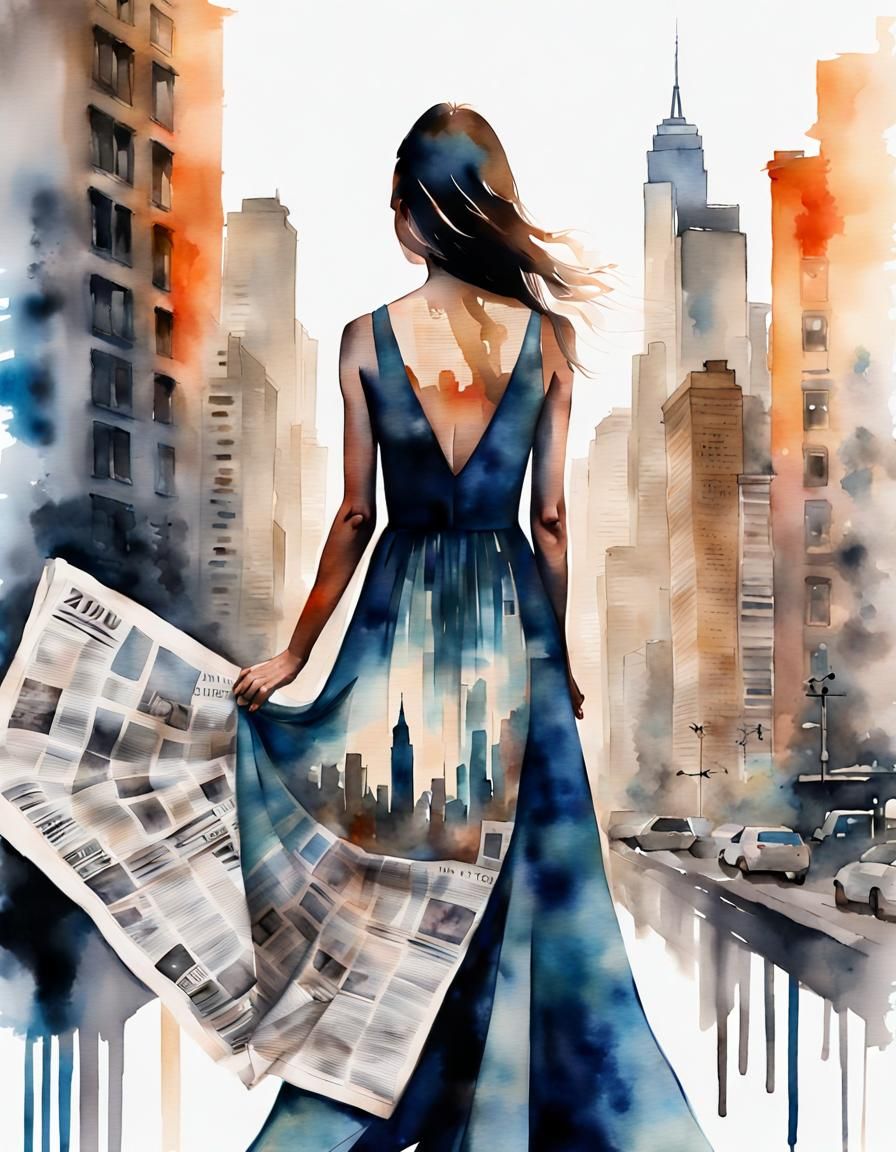 Double exposure watercolor painting of girl in newspaper dress  by @Fokje