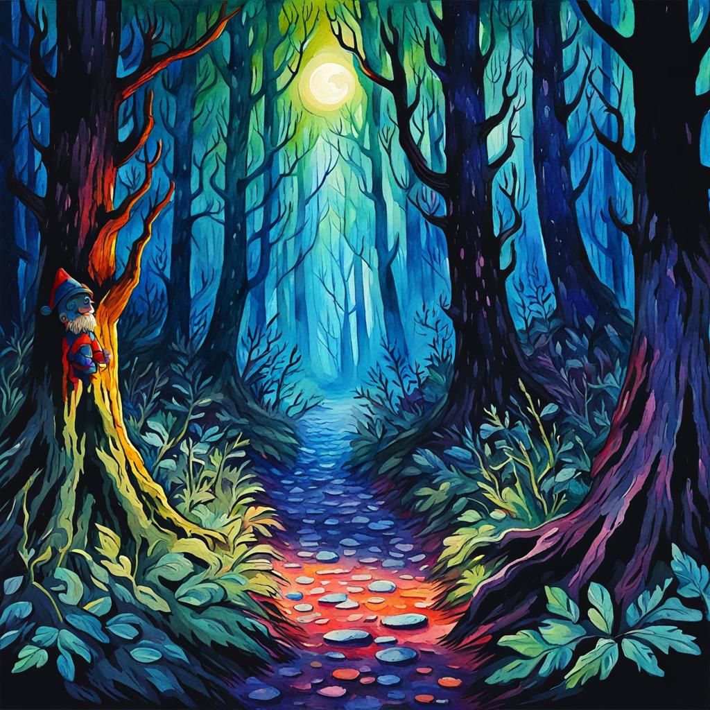 Gnome creeping through a dark and scary forest in a watercol...
