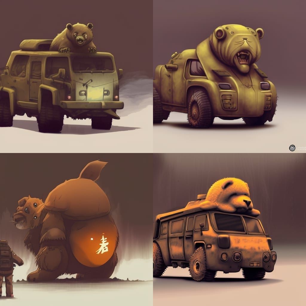 largefluffybearlookingmotorcarbooniecrashinginwinterforest