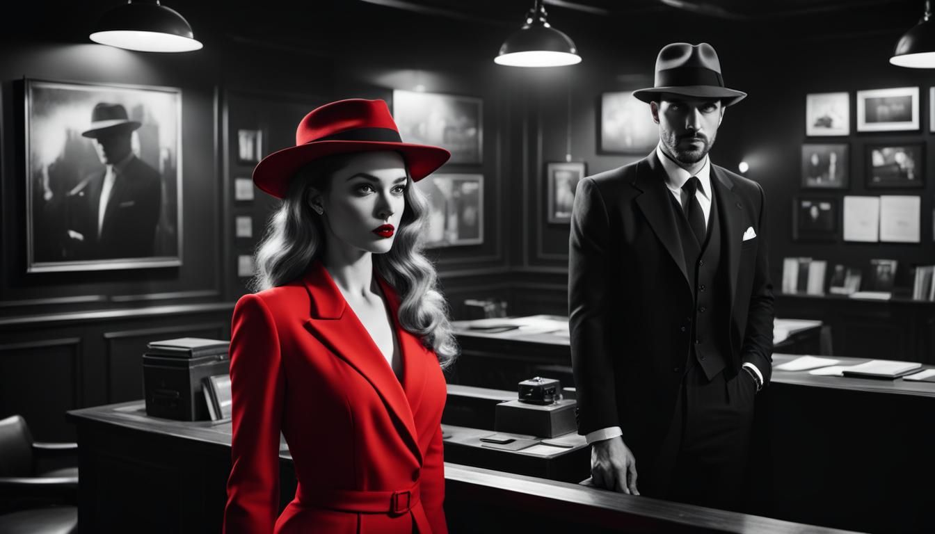 Private detective office. Man in suit and hat. Girl in red d...