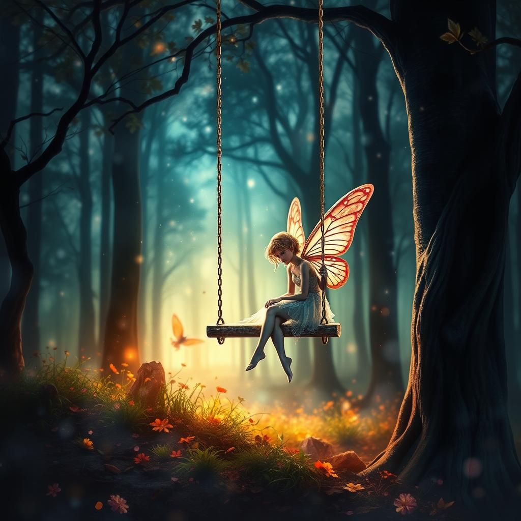 A fairy sitting on a swing that hangs from the heavens in a magical forest land, watercolors, oil paint on canvas, digital artwork, by Rober...